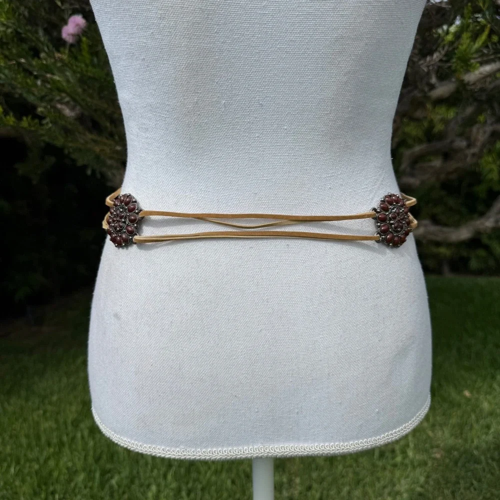 Western Concho Tie Belt Tan Suede Cord Faux Stone Medallion Boho Womens